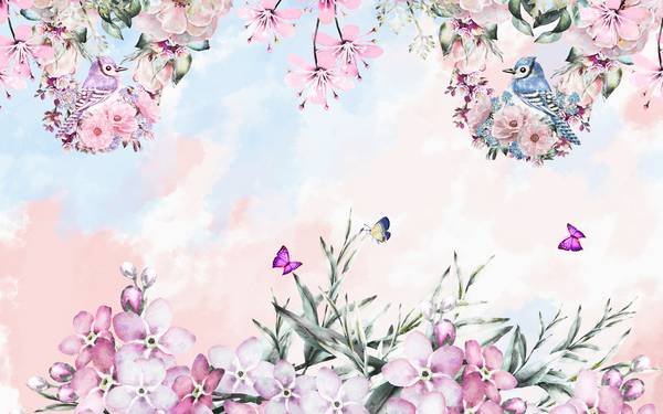 پوستر دیواری سه بعدی نقاشی رنگ روغن گل های صورتی و آبی