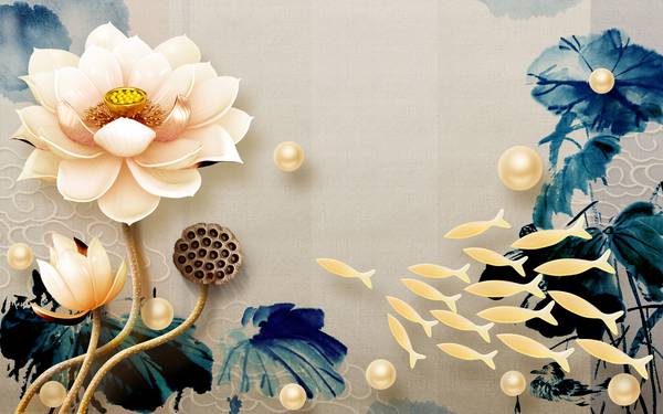 پوستر دیواری سه بعدی گل های سفید صورتی و آبی جوهری