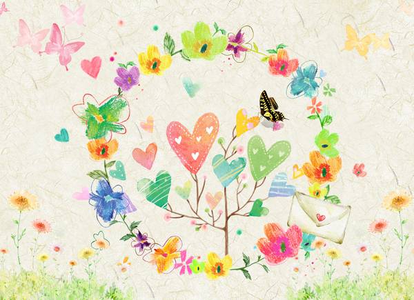 پوستر دیواری سه بعدی حلقه ی قلب و گل نقاشی شده رنگارنگ