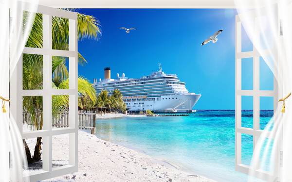 پوستر دیواری سه بعدی پنجره ی باز شده به ساحلی زیبا و کشتی مجلل