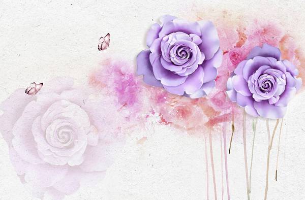 پوستر دیواری سه بعدی گل های بنفش با رنگ ریزی صورتی