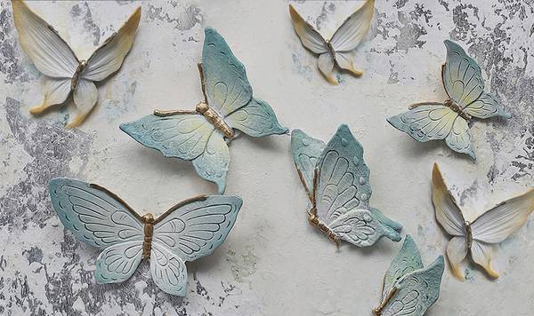 پوستر دیواری سه بعدی پروانه های سه بعدی همراه با گل های زیبا