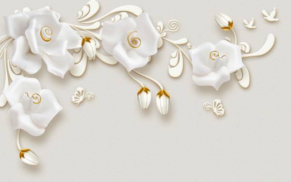 پوستر دیواری سه بعدی گل های سفید و طلایی با پس زمینه های خاکستری