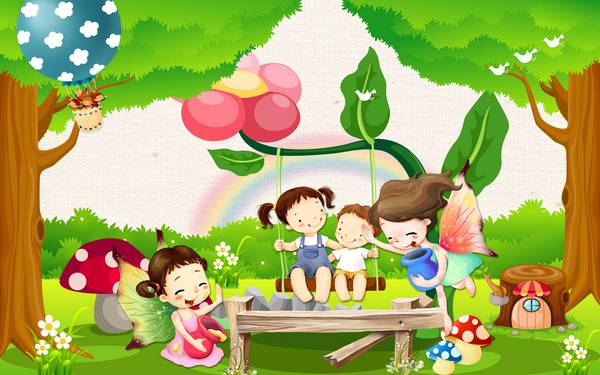 پوستر دیواری سه بعدی کارتونی کودکان درحال بازی در جنگل