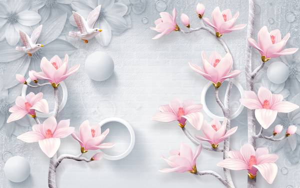 پوستر دیواری سه بعدی گلهای سفید و صورتی با اشکال فانتزی
