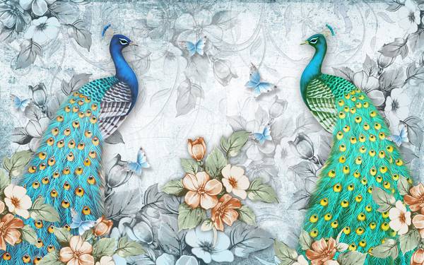 پوستر دیواری سه بعدی طاووس های زیبا در برف