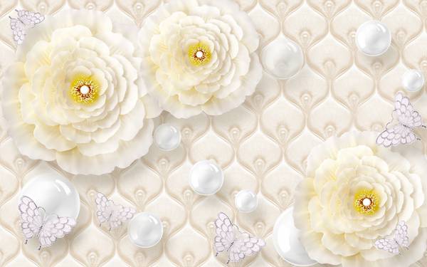 پوستر دیواری سه بعدی گل های سفید و پس زمینه چستر