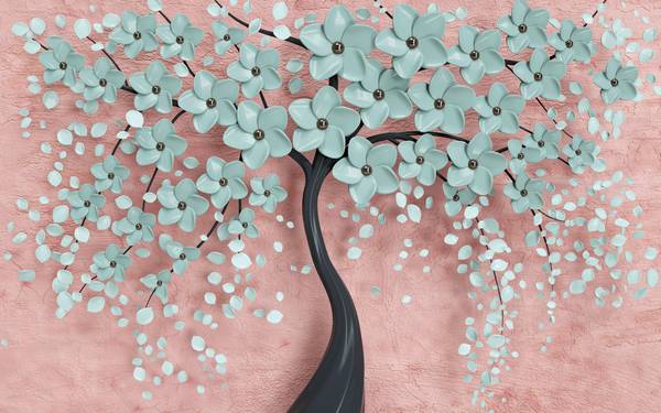 پوستر دیواری سه بعدی شکوفه های آبی رو درخت فانتزی