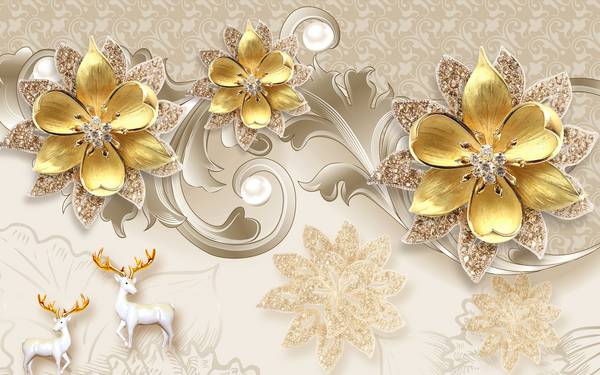 پوستر دیواری سه بعدی گل های طلایی و گوزن های سفید کوچک