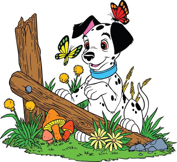 یک سگ خالدار نشسته در جنگل و در کنار پروانه ها