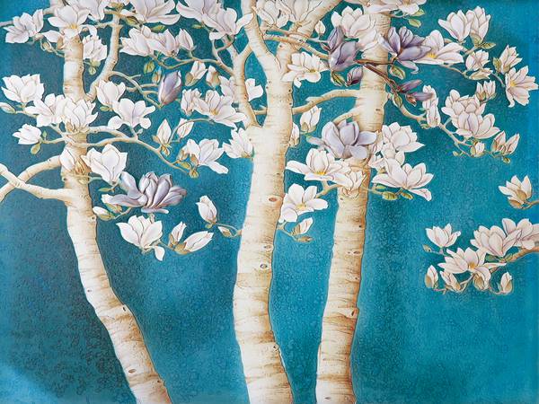 پوستر دیواری سه بعدی درخت ها با شکوفه های سفید