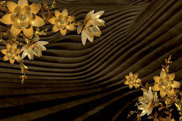 پوستر دیواری سه بعدی گل های هلندی طلایی و بژ