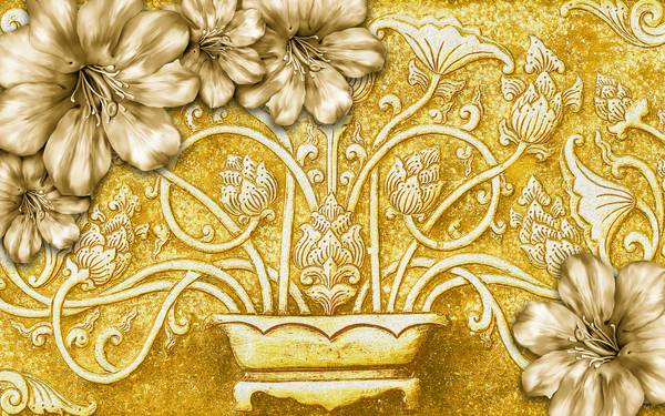 پوستر دیواری سه بعدی گل های بژ و پس زمینه طلایی و گلدان طلایی