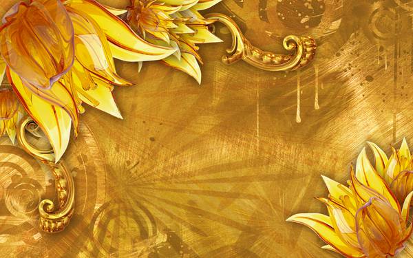 پوستر دیواری سه بعدی گل های طلایی در پس زمینه طلایی