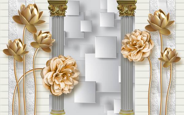 پوستر دیواری سه بعدی گل های طلایی در پس زمینه سفید با مربع ها