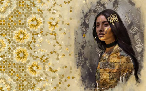 پوستر دیواری سه بعدی گل های طلایی و زن زیبا