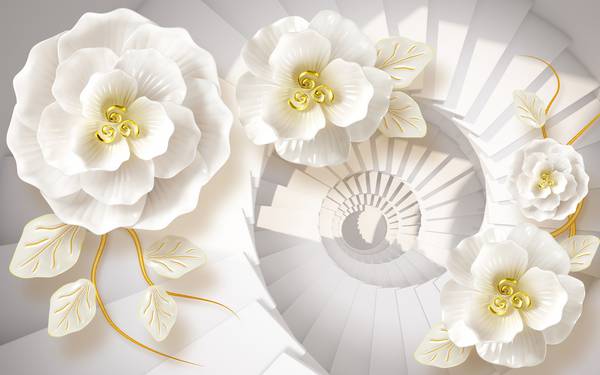 پوستر دیواری سه بعدی گل های سفید و طلایی