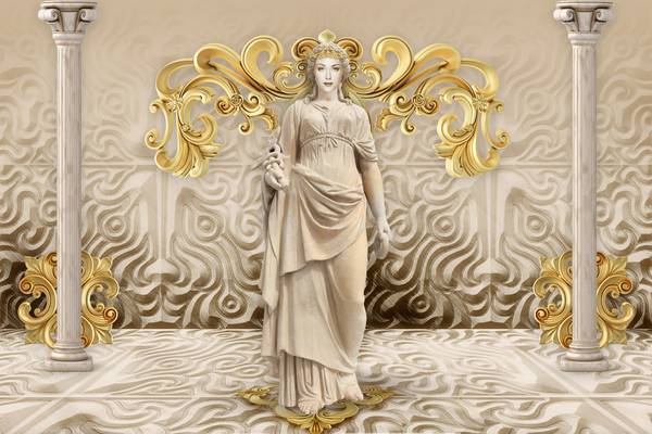 پوستر دیواری سه بعدی مجسمه زن الهه در پس زمینه کاخ و ستون های سنگی لاکچری