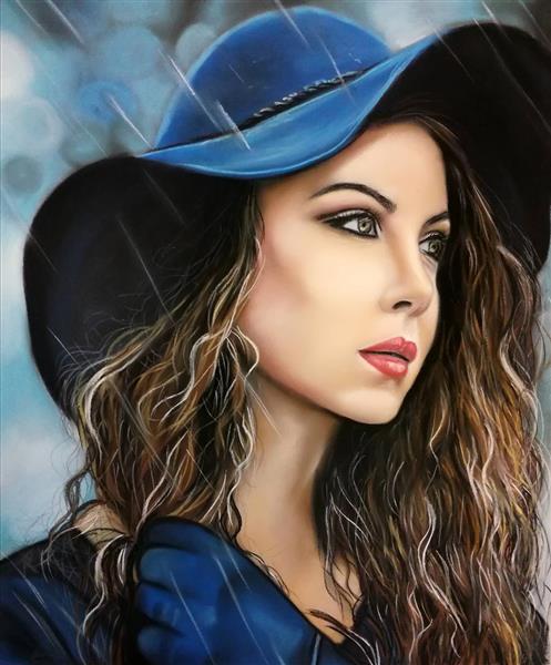 نقاشی چهره دختری با کلاه آبی