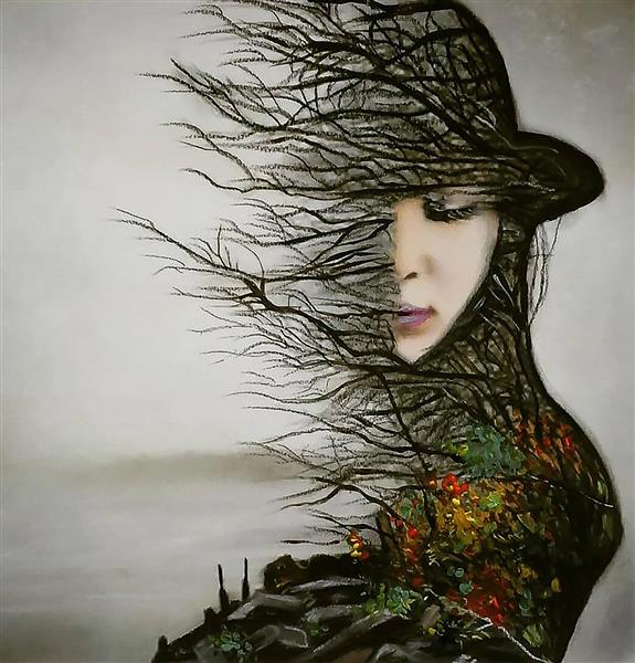 ترکیب دختری کلاه پوش با درخت پاییزی نقاشی پاستل