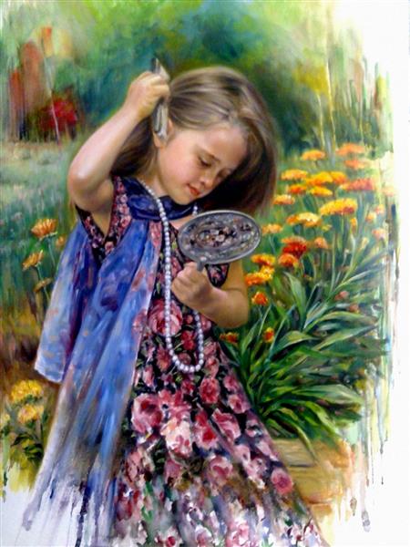 گلی از باغچه عشق تابلوی دختری در باغ گل در حال شانه زدن موهایش