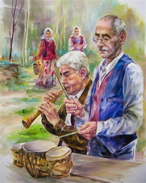 نوای گیلان نقاشی هنری به سبک آبرنگ دو پیرمرد در حال نواختن موسیقی و زنان با لباس محلی
