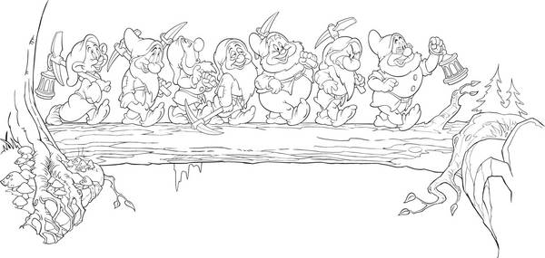 نقاشی سیاه وسفید هفت کوتوله روی درخت از کارتون سفید برفی