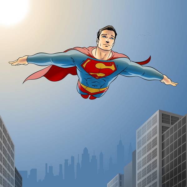 نقاشی کمیک سوپرمن درحال پرواز بر فراز شهر