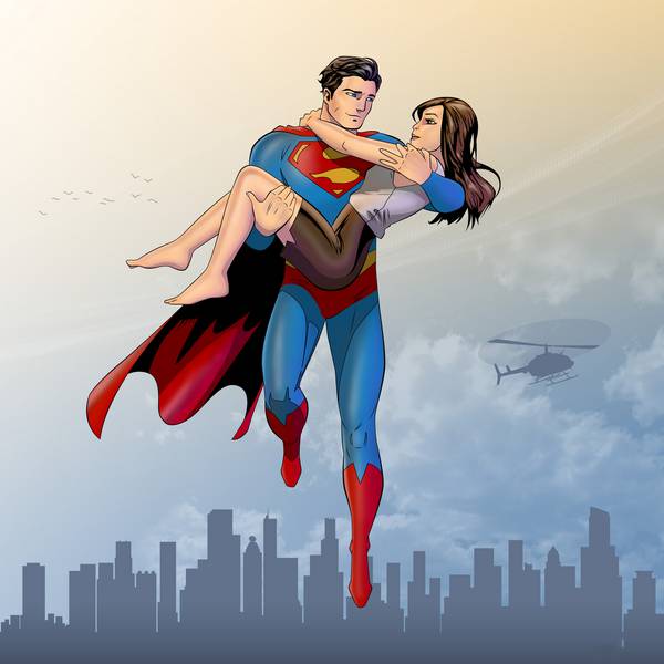 نقاشی دیجیتال سوپرمن درحال نجات دادن شهروندان
