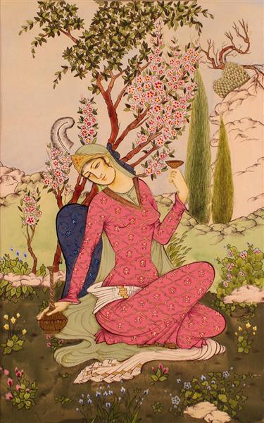 بانوی نشسته اثر نقاشی مینیاتور رنگی