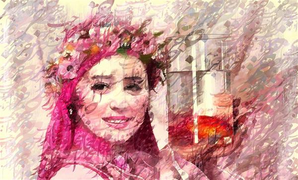 طرح نقاشی و خوشنویسی فارسی نستعلیق دختر اصیل ایرانی با تاج گل