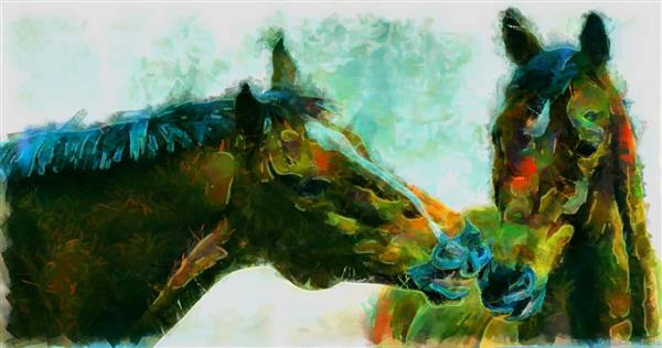دو اسب عاشق طرح نقاشیخط زیبای ایرانی با خوشنویسی نستعلیق