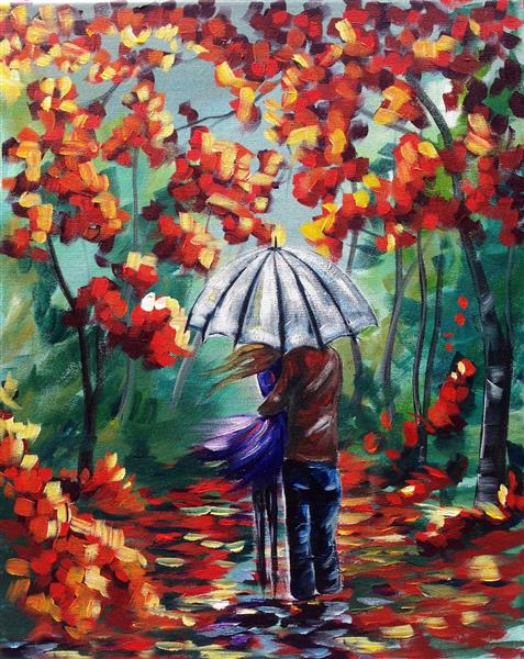 زوج عاشق زیر چتر در نقاشی پاییزی