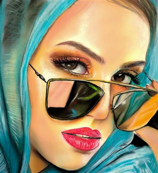 نقاشی هنری دختری با عینک آفتابی