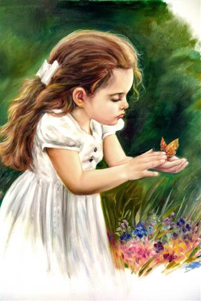 دختری در گلزار با پروانه تابلو نقاشی رنگ روغن