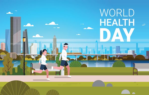 پیش زمینه روز جهانی بهداشت با بنر و آگهی تعطیلات ورزشی و آهسته دویدن