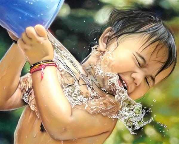 نقاشی از کودک پاشیدن آب با سطل