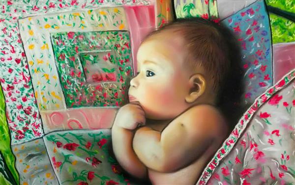 نوزاد خوابیده در رختخواب چهل تکه رنگی نقاشی زیبا