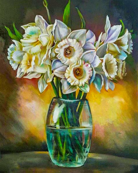 هدیه اثر هنری رنگ روغن گلدان گل شیشه ای و گلهای سفید