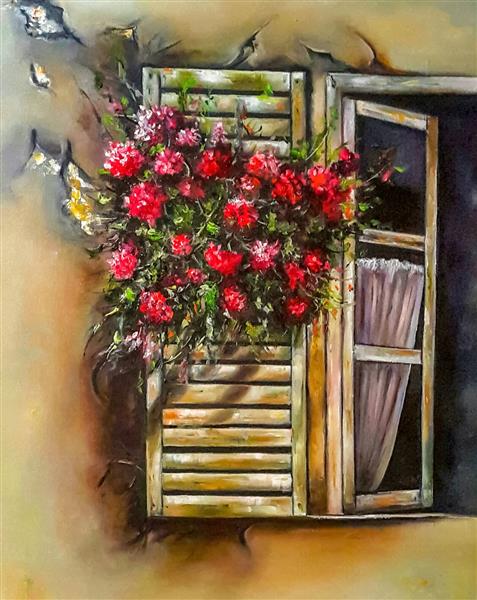 رهایی اثر نقاشی رنگ روغن پنجره ای باز با گل های قرمز