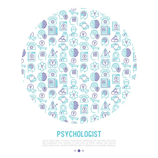 مفهوم روانشناس در دایره با نمادهای باریک روانپزشک تاریخ بیماری صندلی آونگ داروهای ضد افسردگی پشتیبانی روانشناختی تصویر برداری برای بنر صفحه وب رسانه های چاپی