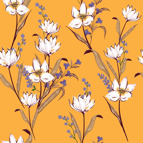 الگوی بدون درز گل گل های سفید شکوفه ای نقوش گیاه شناسی به طور تصادفی پراکنده است بافت بردار بدون درز الگوی زیبا برای چاپ مد چاپ با دست کشیده به سبک نارنجی