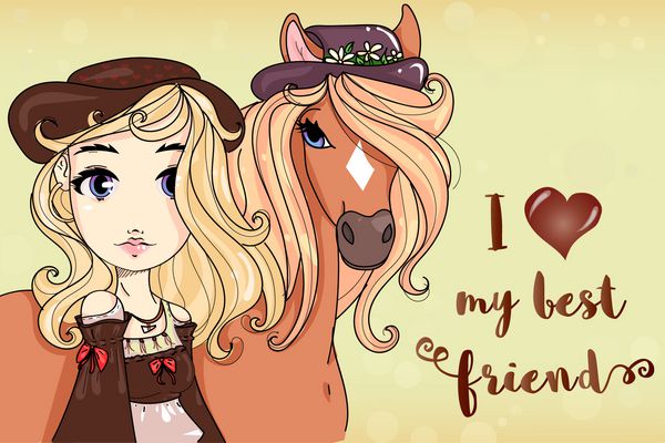 دختر ناز با اسب من عاشق بهترین دوست متن عبارت دوستانه شخصیت کارتونی دست بچه ها به سبک بچه ها سبک تصویر سازی وکتور دخترانه مد زیبا هستم