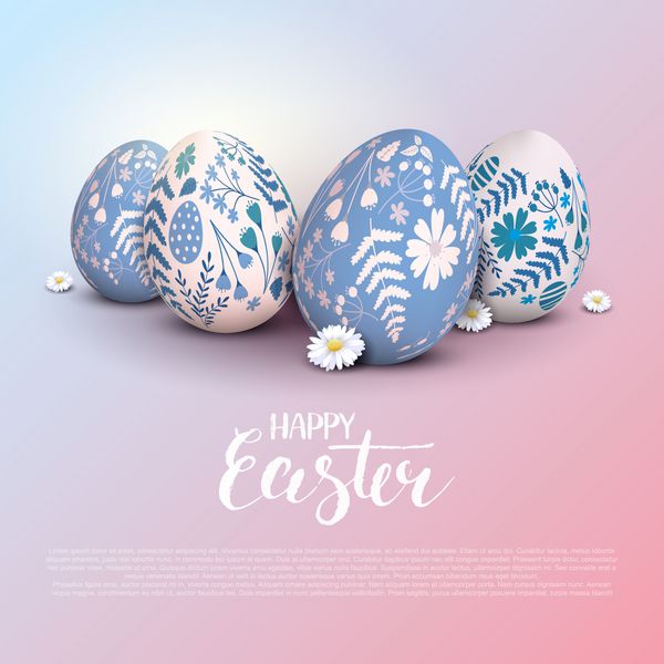کارت پستال تبریک عید پاک تخم های آبی و سفید با الگوی گل