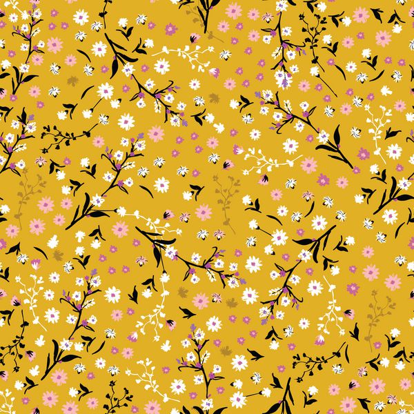 الگوی گل گلهای زیبا روی زمینه زرد پرنعمت به سبک آزادی چاپ با گل های سفید و صورتی کوچک چاپ Ditsy بافت بردار بدون درز دسته گل بهار