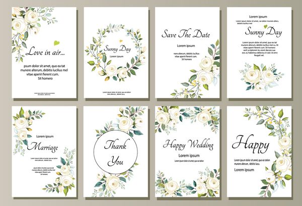 مجموعه کارت با گل رز برگ مفهوم تزئینات عروسی پوستر گل دعوت کنید وکتور کارت پستال تزئینی یا زمینه طراحی دعوت