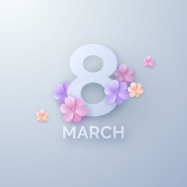8 مارس روز جهانی زن تصویر برداری تعطیلات بهاری برش کاغذ شماره هشت با گلهای رنگارنگ بنر سبک چاپ کاغذ مفهوم فمینیسم دکوراسیون گل