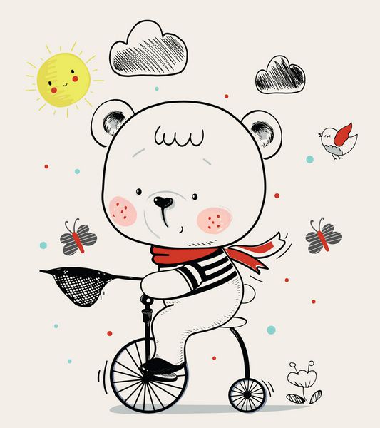 خرس کودک ناز در دوچرخه کارتون تصویر کشیده شده بردار می توان برای چاپ تی شرت کودک طراحی مد چاپ لباس کودکان تبریک جشن تولد کودک و کارت دعوت استفاده کرد