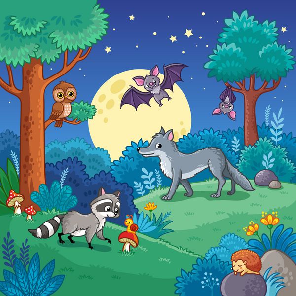 زمینه با حیوانات در جنگل شب تصویر برداری با گرگ راکون خفاش در کودکان و سبک کارتون