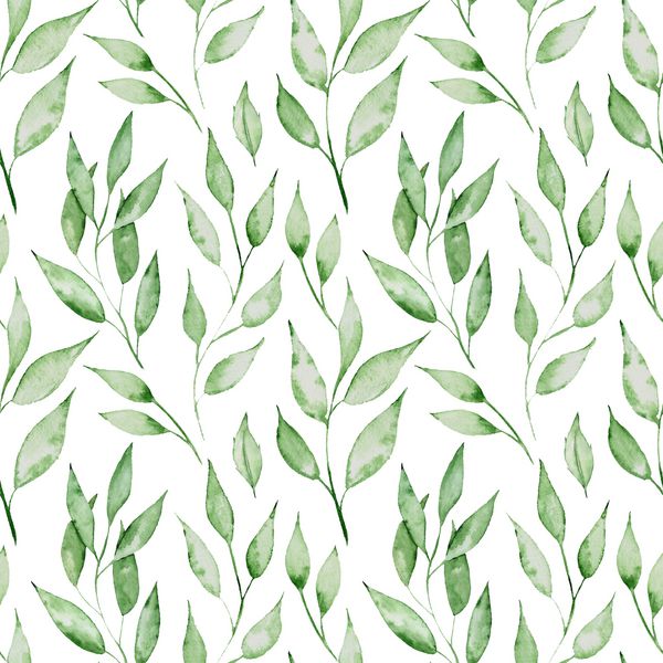 الگوی بدون درز با برگهای آبرنگ سبز دست تابستان تصویر کشیده شده